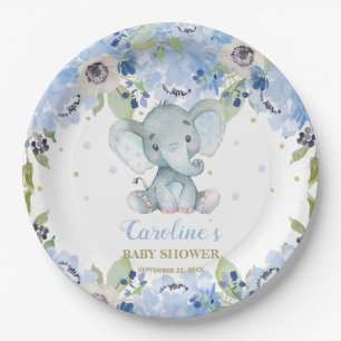 Plato De Papel Cute Elefante Baby Shower Floral Azul