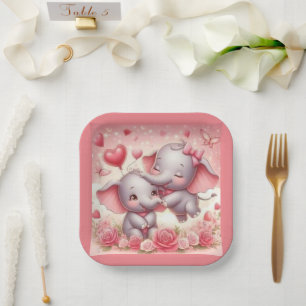 Plato De Papel Cute elefantes abrazos, corazones y Rosas