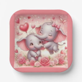 Plato De Papel Cute elefantes abrazos, corazones y Rosas