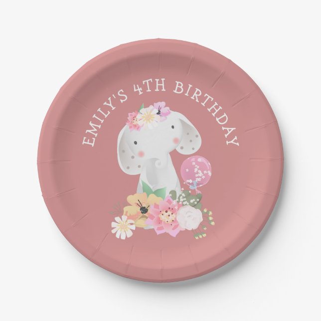Plato De Papel Cute Elephant 4 Fiesta de cumpleaños Chica Dusty P (Anverso)