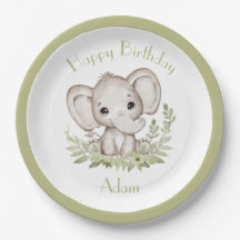 Cute Elephant Birthday Boy Green Paper Placas