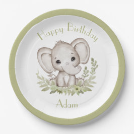 Plato De Papel Cute Elephant Birthday Boy Green Paper Placas