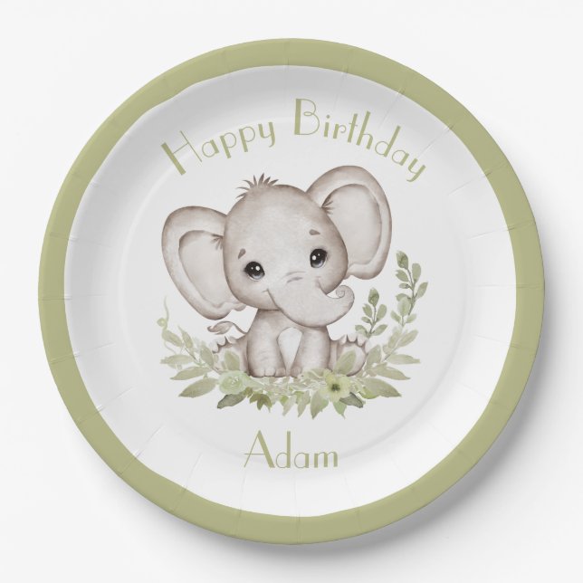 Plato De Papel Cute Elephant Birthday Boy Green Paper Placas (Anverso)