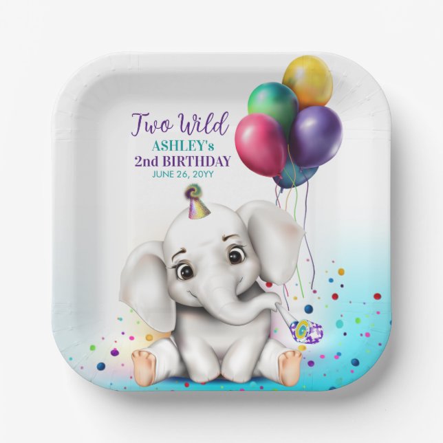 Plato De Papel Cute Elephant Birthday Party (Anverso)