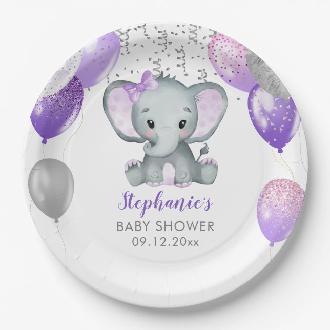 Plato De Papel Cute Elephant Chica Balloons Baby Shower (Anverso)