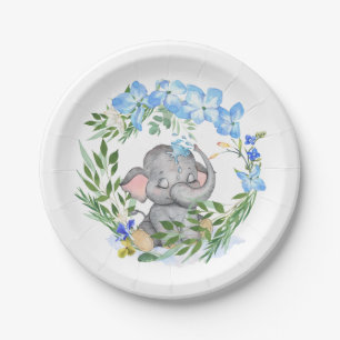 Plato De Papel Cute Elephant Florals Foliage Blue Baby Shower