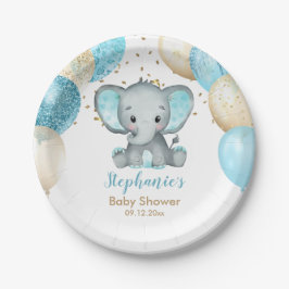 Plato De Papel Cute Elephant Turquiose Gold Balloons Baby Shower