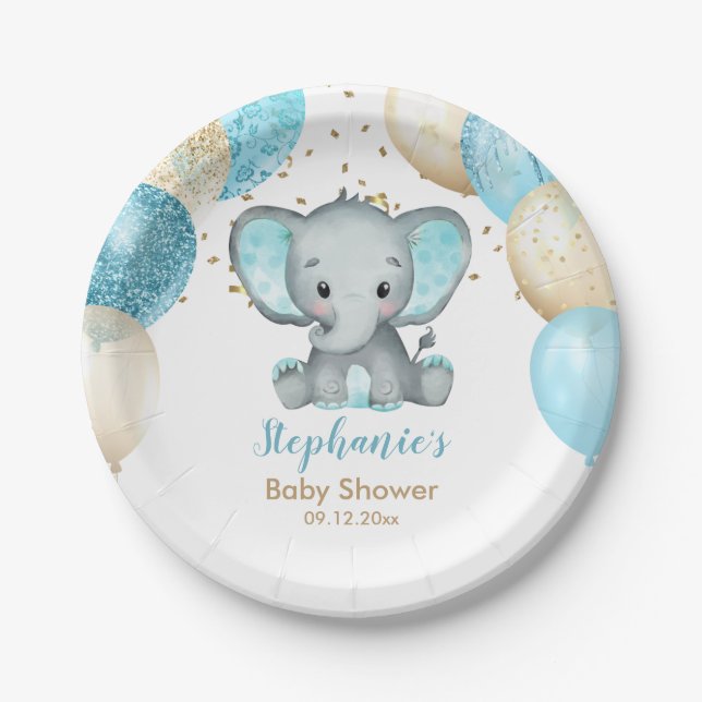 Plato De Papel Cute Elephant Turquiose Gold Balloons Baby Shower (Anverso)