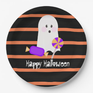 Plato De Papel Cute fantasma Halloween Naranja franjas negras