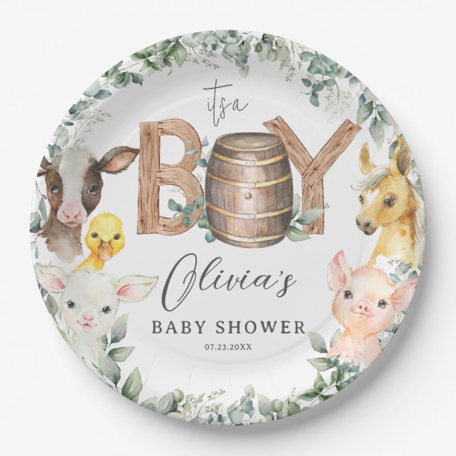 Plato De Papel Cute Farm Animals Greenery Boy Barn Baby Shower (Anverso)