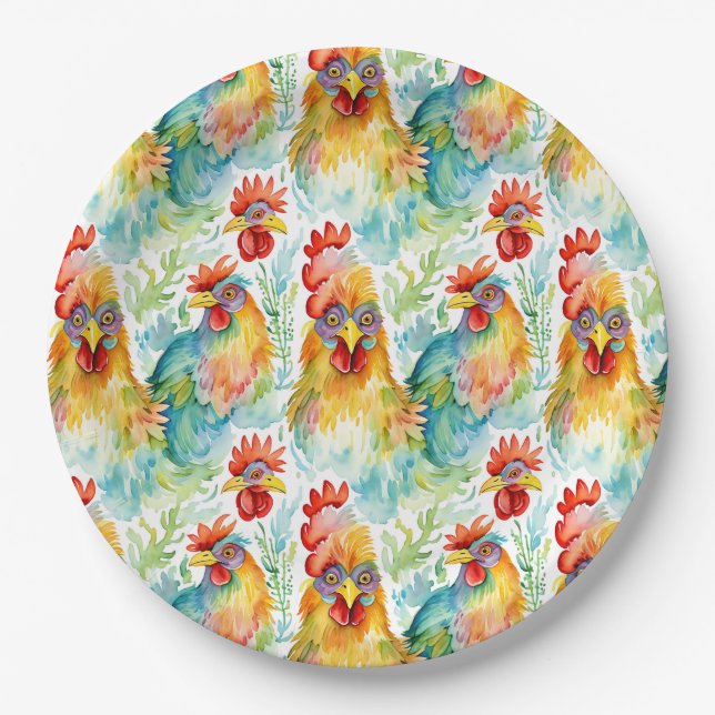 Plato De Papel Cute Farm Watercolor Pollos Cumpleaños (Anverso)