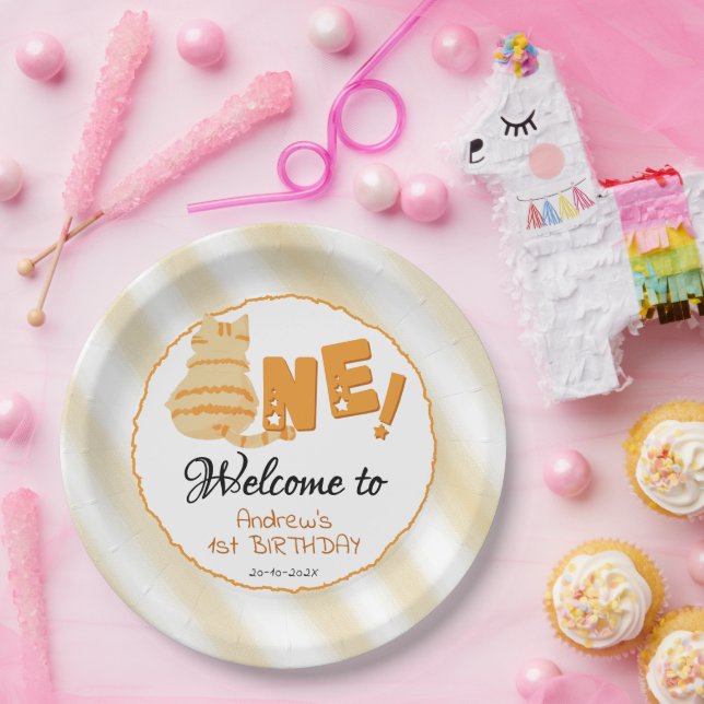 Plato De Papel Cute Fat Orange Cat 1st Birthday (Fiesta)