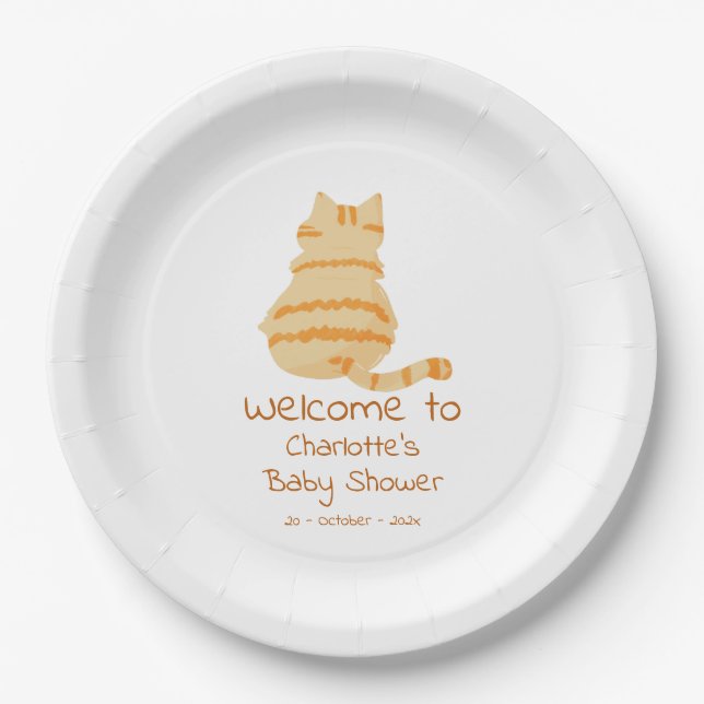 Plato De Papel Cute Fat Orange Cat Baby Shower (Anverso)