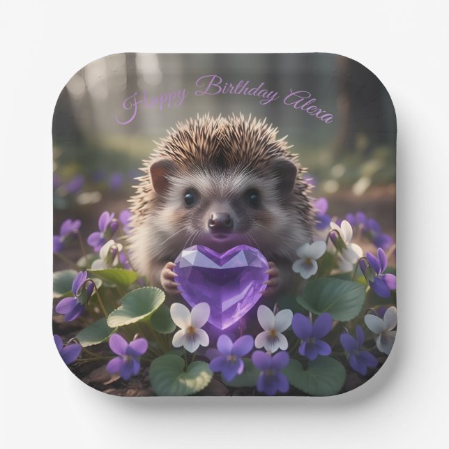Plato De Papel Cute February Hedgehog with Amethyst Heart (Anverso)