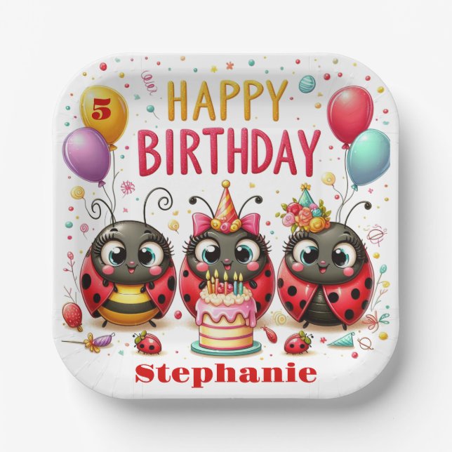 Plato De Papel Cute Feliz Cumpleaños Ladybug Insectos Rojo Y Negr (Anverso)