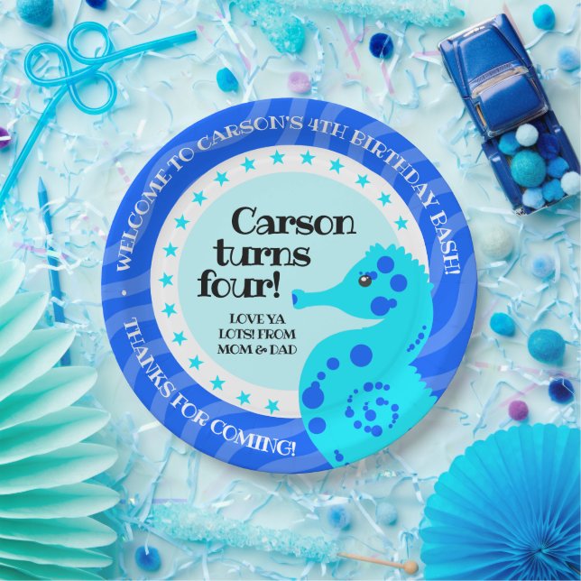 Plato De Papel Cute feliz cumpleaños niño caballito de mar azul e (Fiesta)