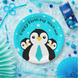 Plato De Papel Cute Feliz Cumpleaños Pingüinos Cuellos Azules