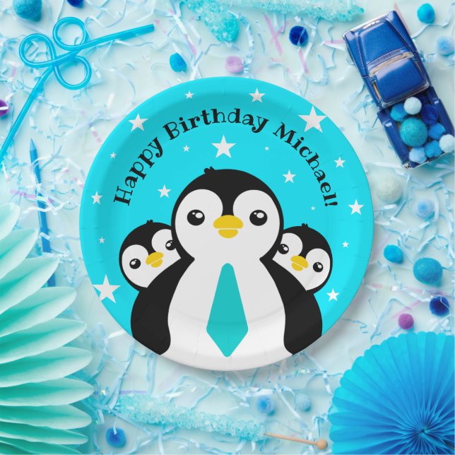 Plato De Papel Cute Feliz Cumpleaños Pingüinos Cuellos Azules (Fiesta)