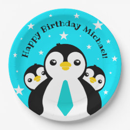 Plato De Papel Cute Feliz Cumpleaños Pingüinos Cuellos Azules