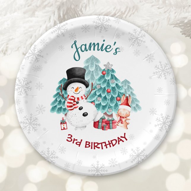 Plato De Papel Cute feliz fiesta de cumpleaños de Navidades de Sn (Cute Happy Snowman Christmas Birthday Party Paper Plates)