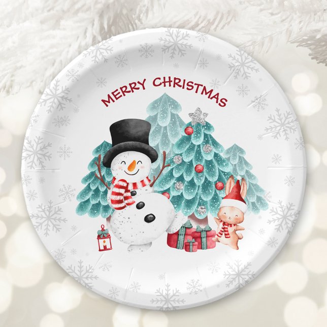 Plato De Papel Cute feliz Navidades de nieve plancha papel Fiesta (Cute Happy Snowman Christmas Party Paper Plates)