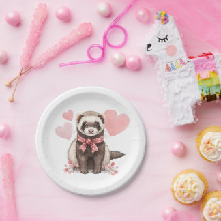 Plato De Papel Cute Ferret Kawaii Pink Hearts Illustration
