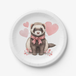 Plato De Papel Cute Ferret Kawaii Pink Hearts Illustration