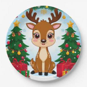 Plato De Papel Cute Festive Reno Ciervo Rodeado por Árbol de Navi