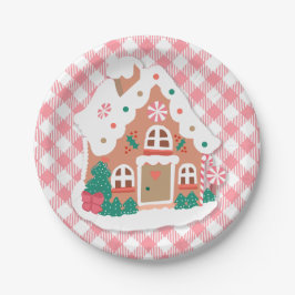 Plato De Papel Cute Festividad Snowy Pink Gingerbread House Gingh
