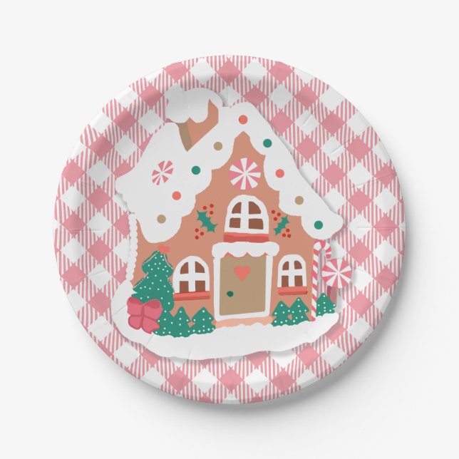 Plato De Papel Cute Festividad Snowy Pink Gingerbread House Gingh (Anverso)