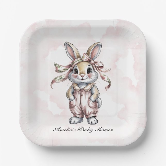 Plato De Papel Cute Floral Bunny Girl Baby Shower  (Anverso)