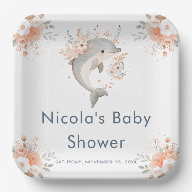 Plato De Papel Cute Floral Dolphin  Baby Shower (Anverso)