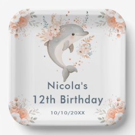 Plato De Papel Cute Floral Dolphin Birthday Party