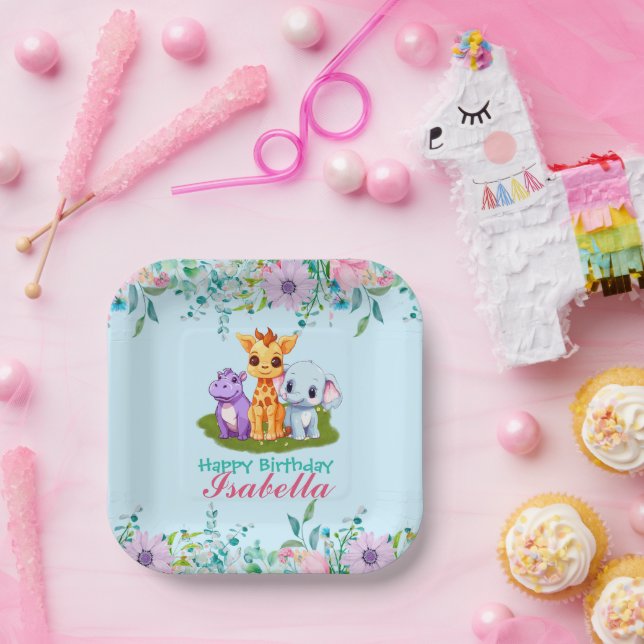 Plato De Papel Cute Floral Hippo selva safari Animales Cumpleaños (Fiesta)