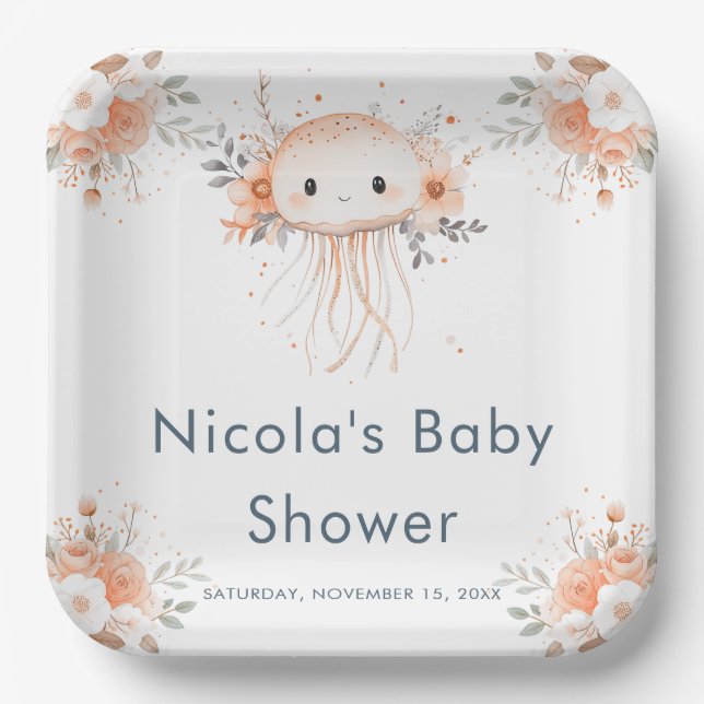 Plato De Papel Cute Floral Jellyfish Baby Shower  (Anverso)