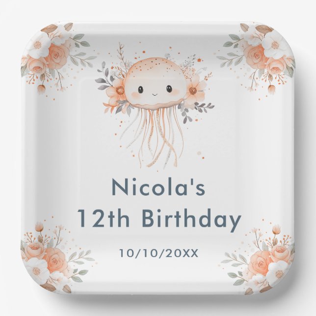 Plato De Papel Cute Floral Jellyfish Birthday Party (Anverso)