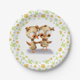 Plato De Papel Cute Floral Owls Twins Baby Shower