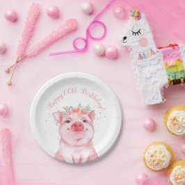 Plato De Papel Cute Floral Pig 60 cumpleaños