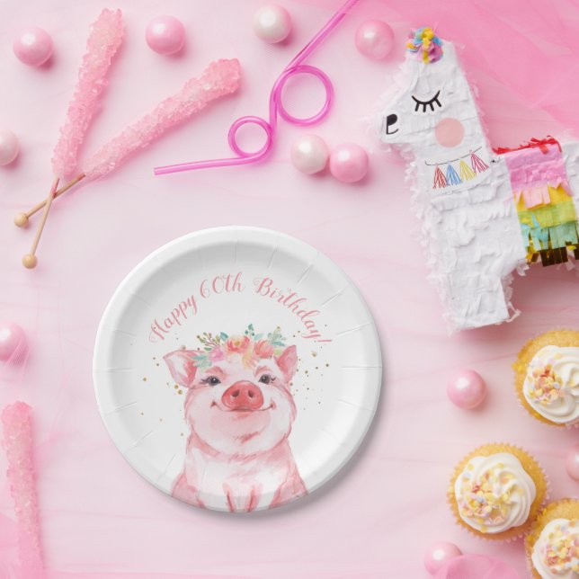 Plato De Papel Cute Floral Pig 60 cumpleaños (Fiesta)