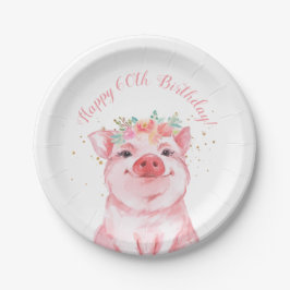 Plato De Papel Cute Floral Pig 60 cumpleaños