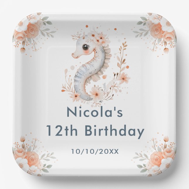 Plato De Papel Cute Floral Seahorse Birthday Party (Anverso)