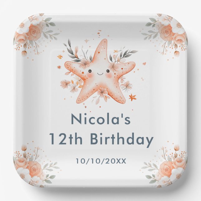 Plato De Papel Cute Floral Starfish Birthday Party (Anverso)