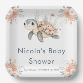 Plato De Papel Cute Floral Turtle Baby Shower