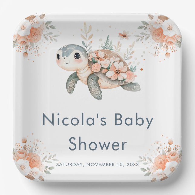 Plato De Papel Cute Floral Turtle Baby Shower (Anverso)