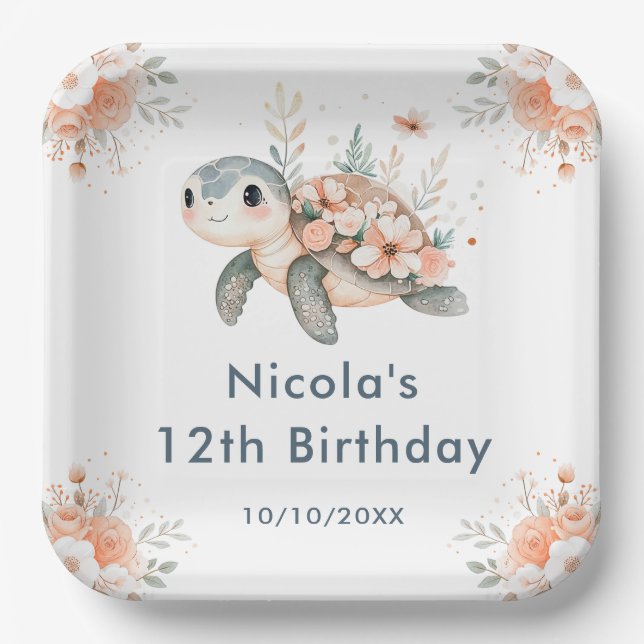Plato De Papel Cute Floral Turtle Birthday Party (Anverso)