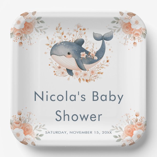 Plato De Papel Cute Floral Whale Baby Shower (Anverso)