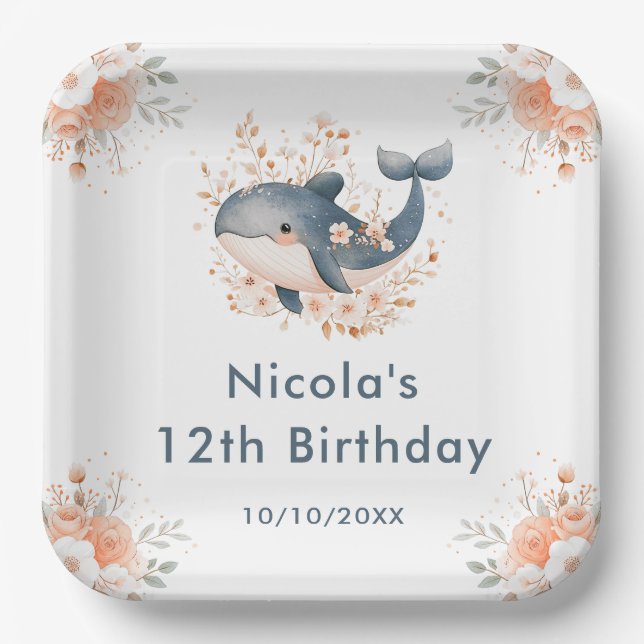 Plato De Papel Cute Floral Whale Birthday Party (Anverso)