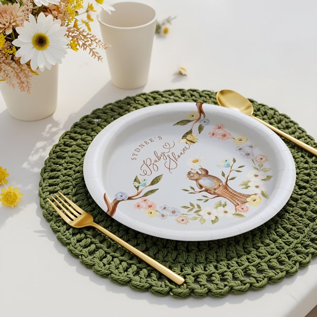 Plato De Papel Cute Floral Woodland Knitus Bear Baby Shower (Cute Floral Woodland Knitted Bear Baby Shower Paper Plates)