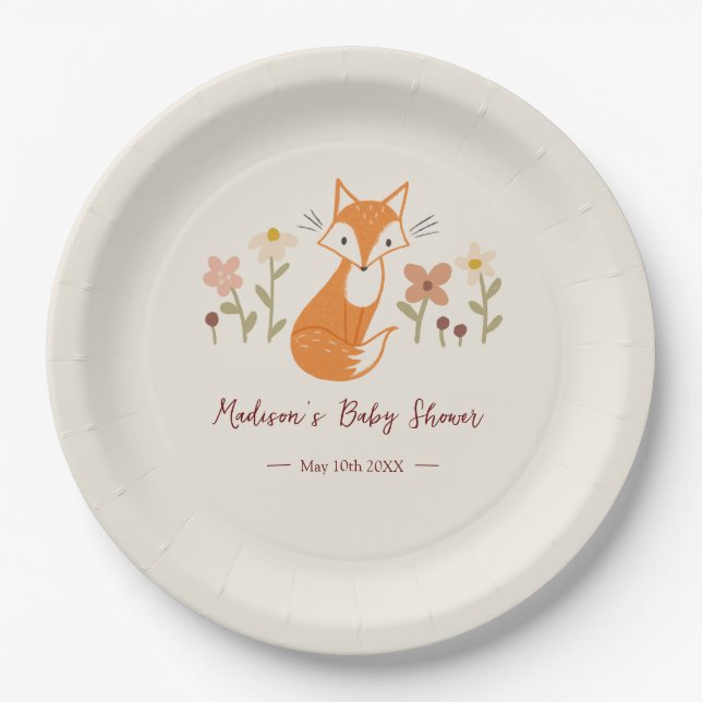 Plato De Papel Cute Fox Baby Shower Paper Plate (Anverso)