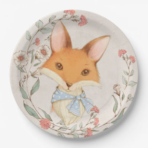 Plato De Papel Cute Fox Floral Animales Blue Boy Baby Shower